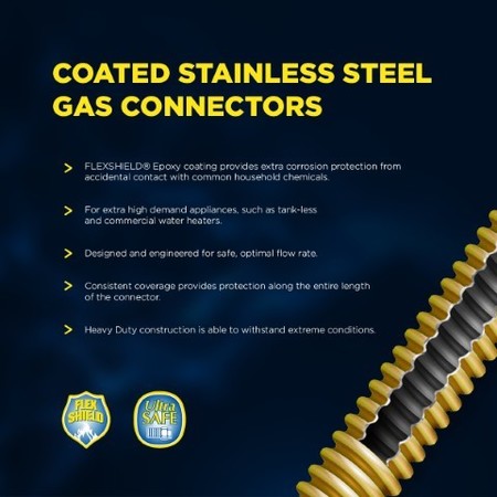 Flextron Gas Line Hose 5/8'' O.D.x48'' Len 1/2"x3/4" FIP Fittings Yellow Coated Stainless Steel Flexible FTGC-YC12-48L